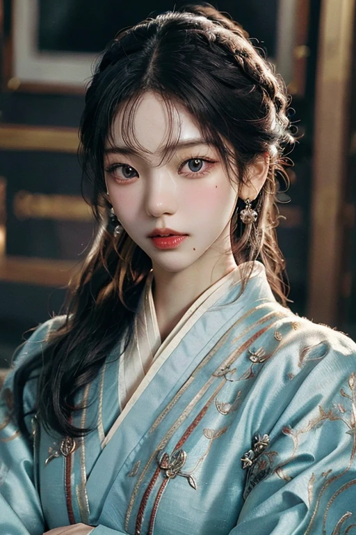 (8k, melhor qualidade, master part: 1.2), (Realistic, Realistic: 1.37), super detalhe, cabelo longo, seios pequenos, olhos bonitos, Asian girl, Antecedentes detalhados, ((looking at the viewer)), background korean classic house, very detailed eyes and face, pale skin, dark hair, korean hairpins, accessories, earrings, hanbok, slim body,, (masterpiece), (detailed), (intricate details), (realistic, photorealistic realistic: 1.37),illustration, very delicate and beautiful, very detailed, full body