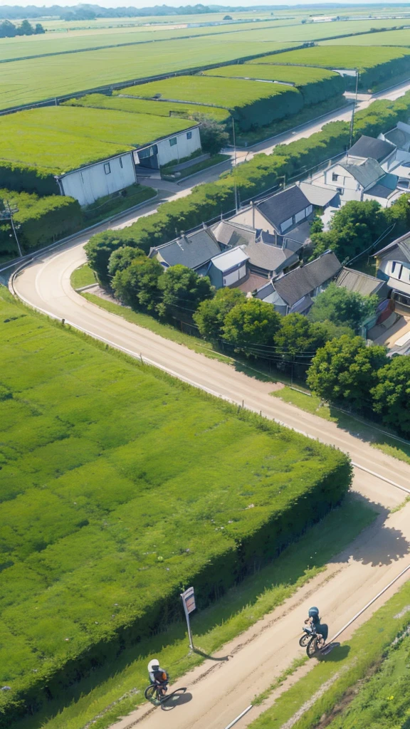 anime scene of three people riding bicycles in a field, from yowamushi pedal, nichijou, wallpaper!, anime countryside landscape, on a sunny day, by Kubisi art, in a sunny day, by Shingei, japanese animation style, official art, in the countryside, high quality anime movie still, anime movie background, amazing wallpaper
