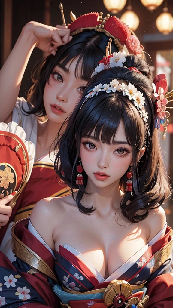 sexy asian girl, 1girl, japanese geisha, 20 years old, face close up, half body portrait, (geisha hairstyle), big brown eyes, nihongami, geisha makeup, modest look, seducing viewer, hearts, posing, sexy pose, solo, blue floral kimono, off shoulder, bonsai, sakura, cherry blossom, submission, sunset, flowers, plants, cinematic lightings