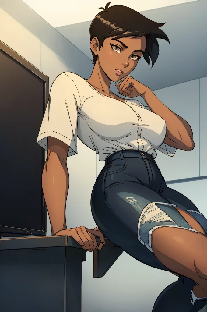 ((ultra quality)), ((masterpiece)), Lois Lane, ((black short hair tomboy hairstyle)), (Beautiful face), (beautiful female lips), (), charming, ((sexy facial expression)), looks at the camera, eyes slightly open, (Dark skin color), (dark skin), glare on the body, ((detailed beautiful female eyes)), ((dark brown eyes)), (juicy female lips), (dark eyeliner), (beautiful female hands), ((ideal female figure)), ideal female body, beautiful waist, gorgeous thighs, beautiful medium breasts, ((subtle and beautiful)), sexy worth (), (White shirt, Black jeans) background: office, ((depth of field)), ((high quality clear image)), (clear details), ((high detail)), realistically, professional photo session, ((Clear Focus)), anime, (flexible), jack-o' challenge, hands on ground, spread legs, facing the audience, ass up, (masterpiece,best quality:1.5)
