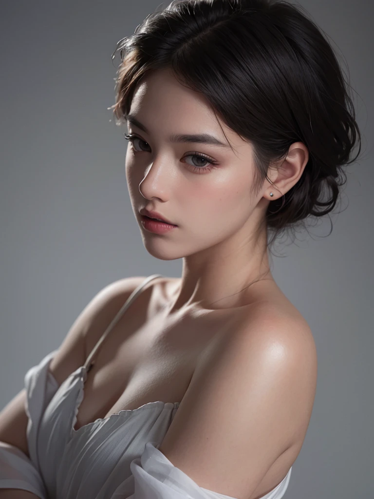 Best quality, masterpiece, ultra high res, (photorealistic:1.5), raw photo, 1girl, offshoulder, in the dark, deep shadow, low key, cold light, sexy look, short hair,black hair, black eyes, full body