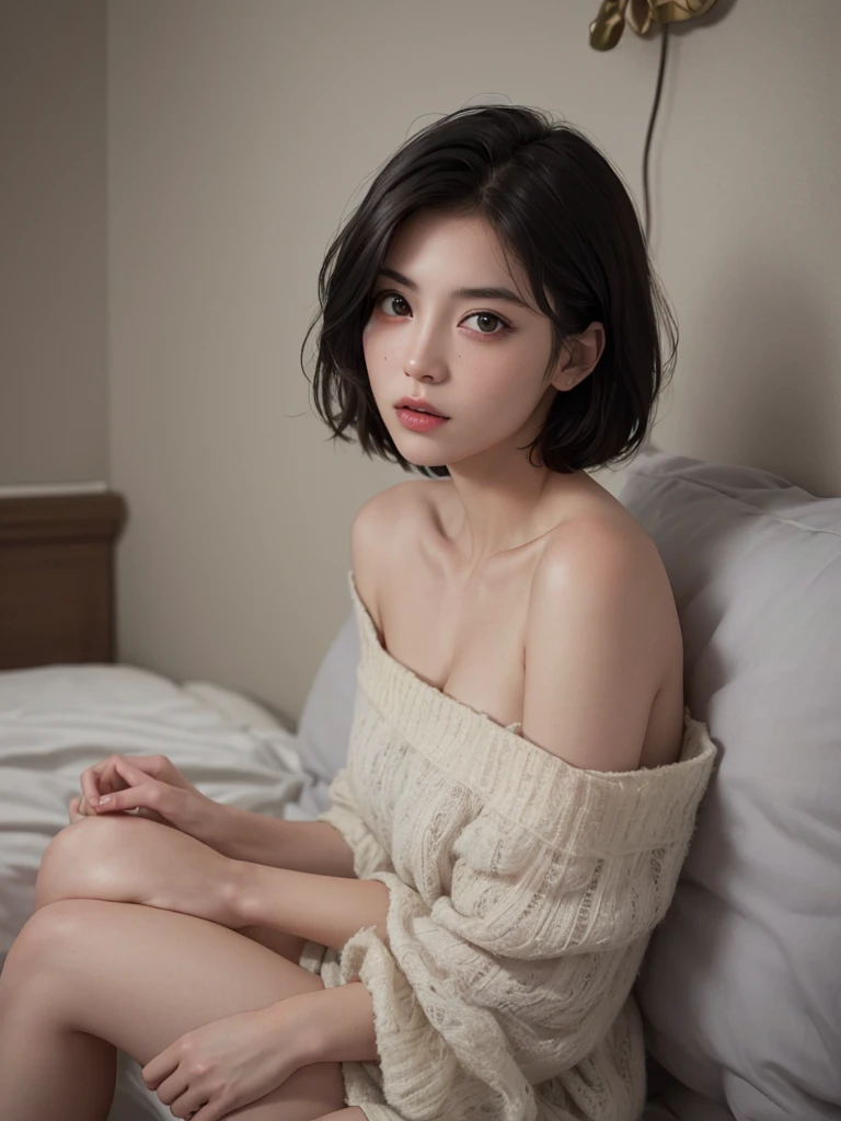 Best quality, masterpiece, ultra high res, (photorealistic:1.5), raw photo, 1girl, offshoulder, in the dark, deep shadow, low key, cold light, sexy look, short hair，black hair, black eyes, full body