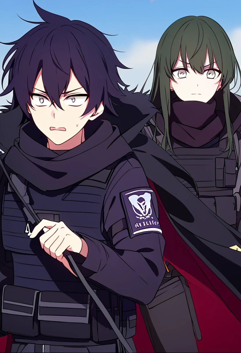 Anime male, black messy hair, white eyes, black mask, black hoodie, black long scarf, black cloak, tactical vest, black pants, black shirt, serious face expression, (best quality), Tactical outfit