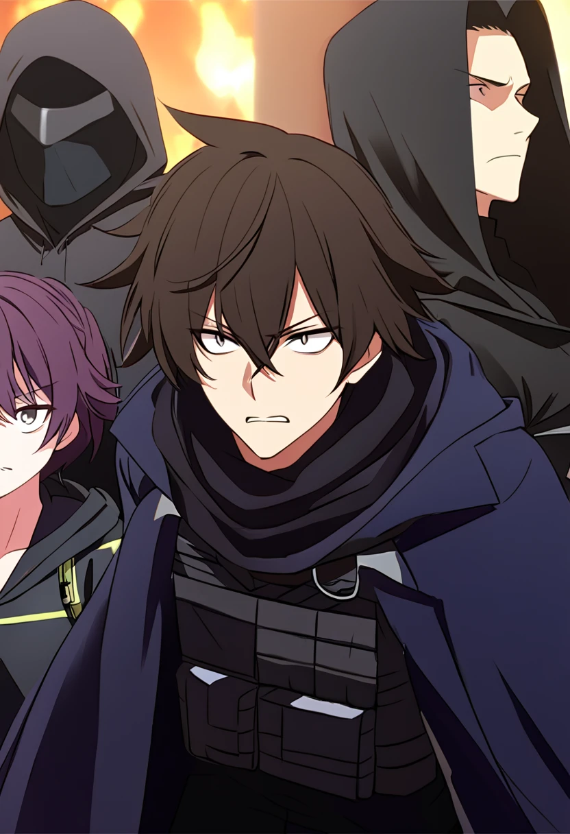 Anime male, black messy hair, white eyes, black mask, black hoodie, black long scarf, black cloak, tactical vest, black pants, black shirt, serious face expression, (best quality), Tactical outfit