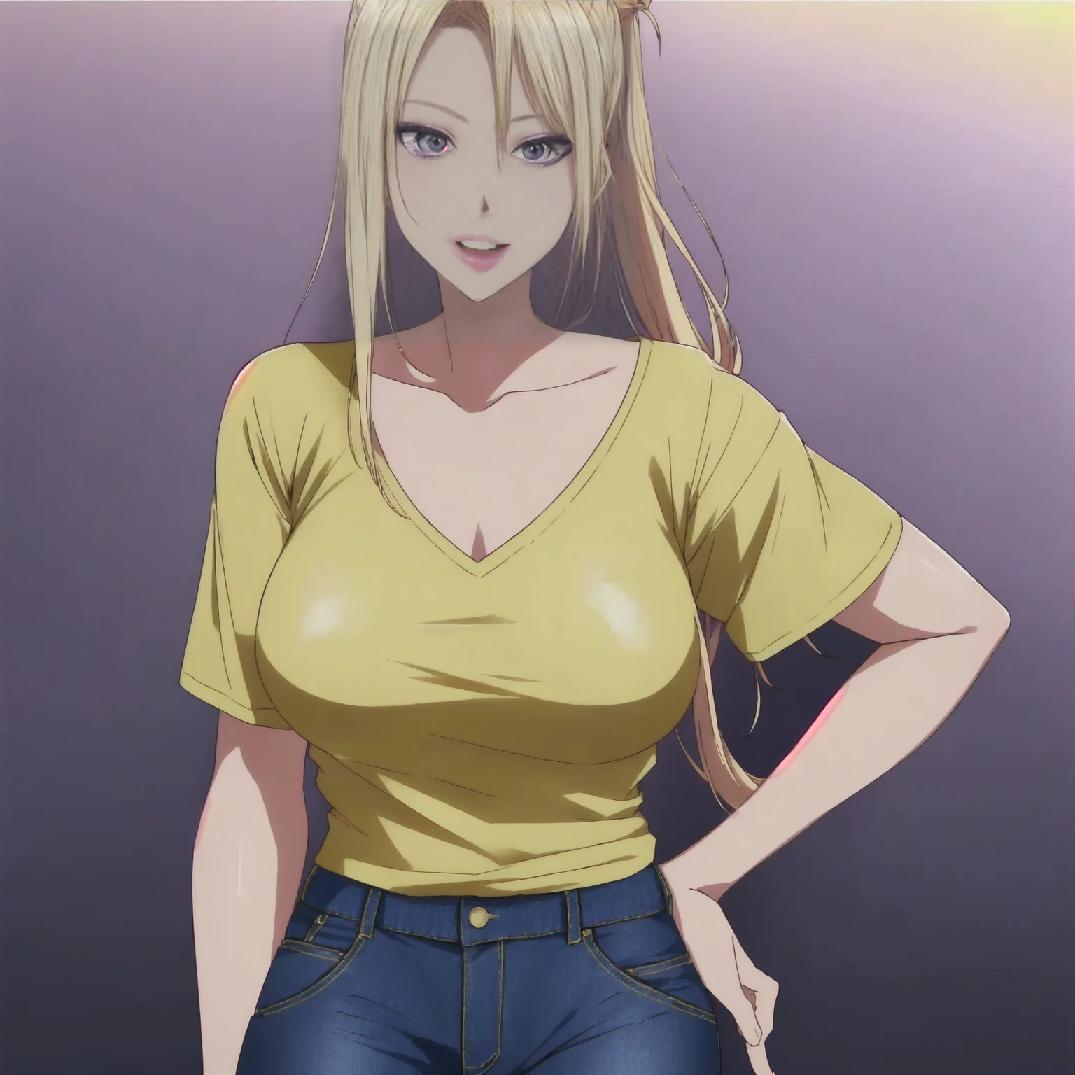 25 year old, single long pony tail blonde hair woman, Caucasian, sexy expression happy, purple color eyes, in yellow v neck t- shirt and blue jeans, highly detailed, 1080p, sunrise studios anime style