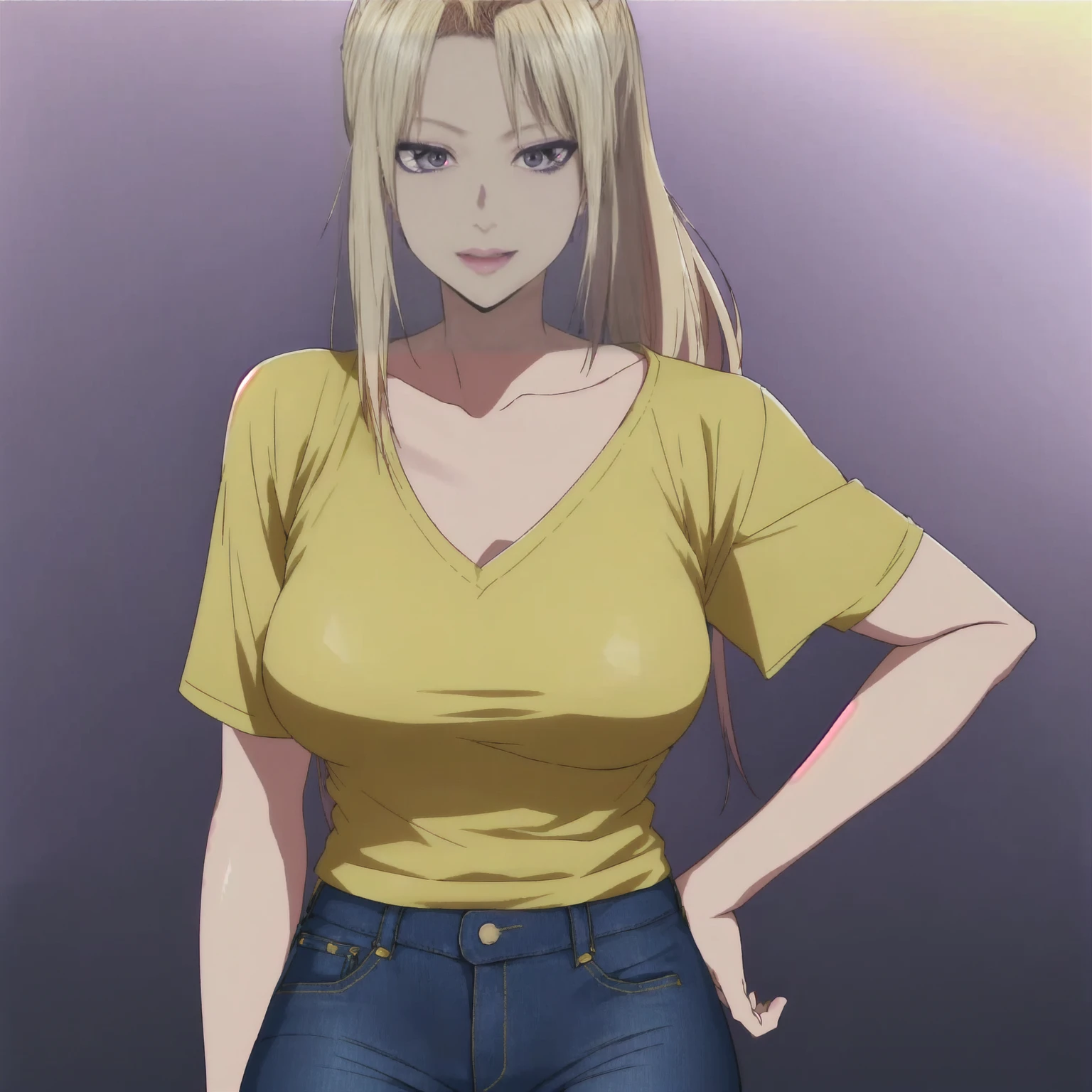 25 year old, single long pony tail blonde hair woman, Caucasian, sexy expression happy, purple color eyes, in yellow v neck t- shirt and blue jeans, highly detailed, 1080p, sunrise studios anime style