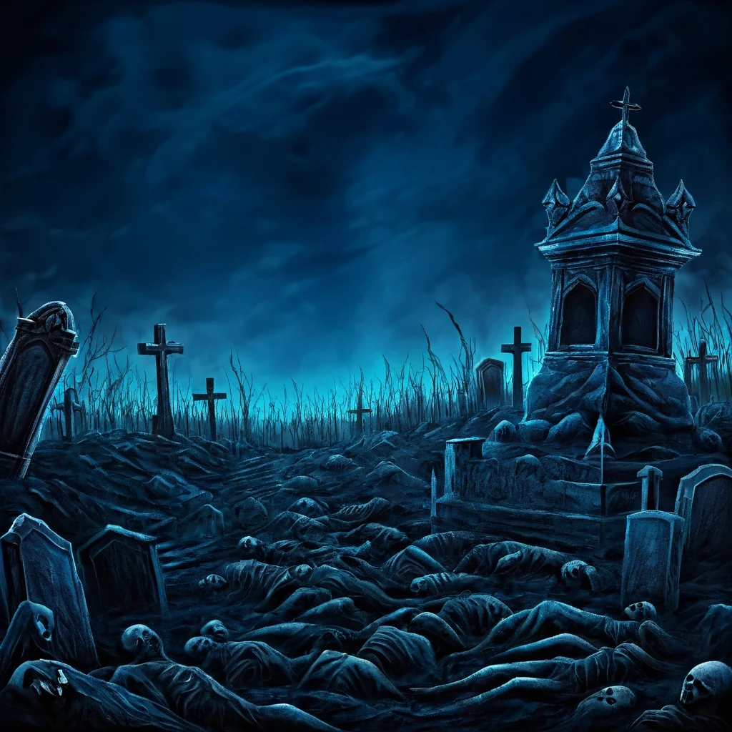 Aesthetic grave image, tense horror atmosphere, blue and black dominant background, best image quality, realistic and detailed