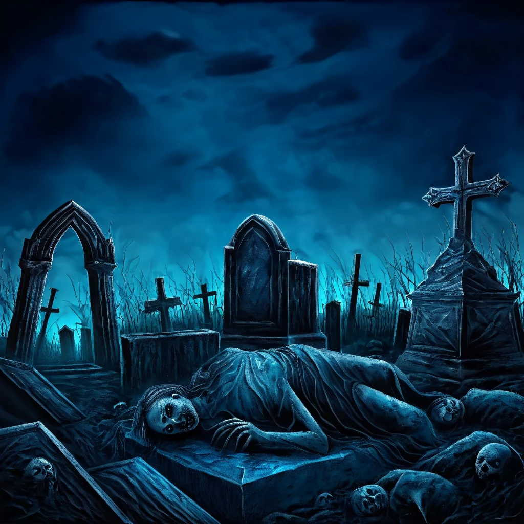 Aesthetic grave image, tense horror atmosphere, blue and black dominant background, best image quality, realistic and detailed