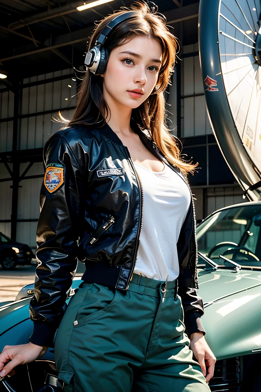 Best quality, ((professional photograph, Realistic RAW photo)), intricate composition, an extremely delicate and beautiful, ultra high res, professional lighting and shading, (Realistic image of a extremely pretty female Aircraft mechanic, solo), Inside a spacious Aircraft hangar, Vintage airplanes of the World War II era line the background, (Wearing a MA-1 Flight Jacket), (Wearing a headset), (wearing short pants), parted lips, very professional mechanic, ((extremely beautiful depiction of the eyes and face)), ((insanely beautiful natural skin texture)), Accurate eyes, Accurate five fingers, Well-balanced overall body