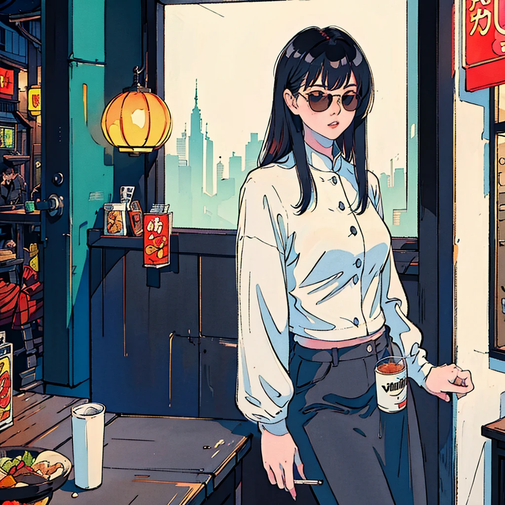 Beautiful redhead Asian girl sitting in a restaurant at night, Visible from the window, Perfect Face, sunglasses, Smoking white Taylormade cigarettes, Neon Black, (Backlight: 1.1), Hard Shadows, masterpiece, Highest quality, Complex, Model shooting style, Vintage, Film Grain,