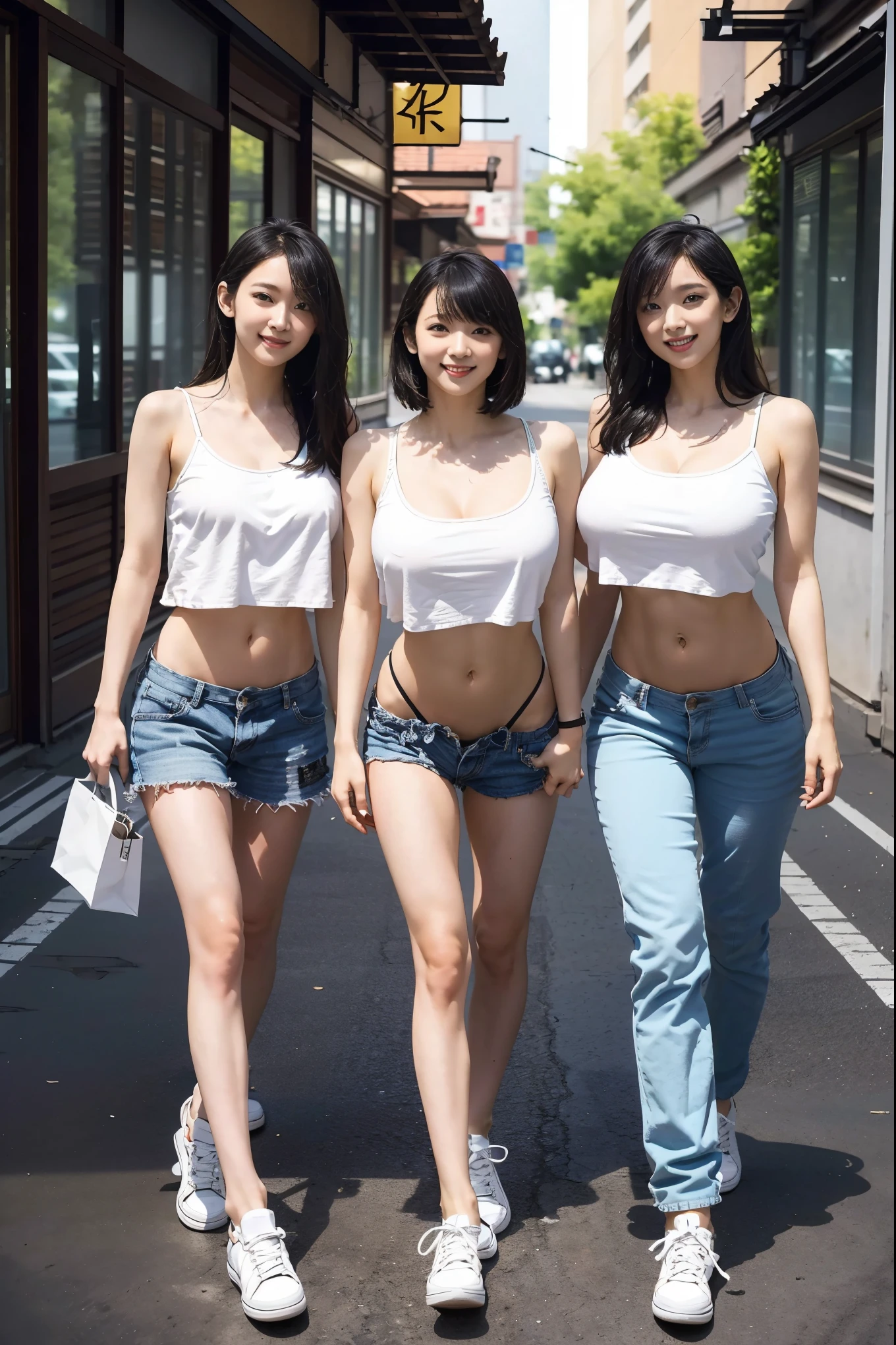 (Best Quality, Masterpiece, Photo realistic, Ultra Detailed, ultra high res, raw), (3 girls, group shot:1.3), pretty, Japanese, smile, bangs, double eyelids, (big breasts:1.3), (long hair| medium hair| short hair), (LowriseXL, LowwaistXL, groin), (cropped camisole), skinny jeans, navel, (sneaker, beautiful long legs, full body), main street, from below, (fashion model posing)