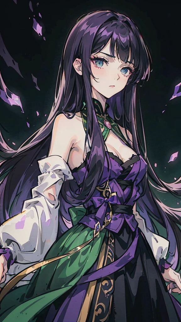 Woman , long hair, long dark purple hair, hime cut hairstyle, hime cut hairstyle, green eyes, emerald eyes, FOV, f1.8, masterpiece, front portrait shot, black and dark purple casual clothing, plain dark purple colored background, serious expression, front full bangs, siren eyes, cat-shaped eyes, close-up