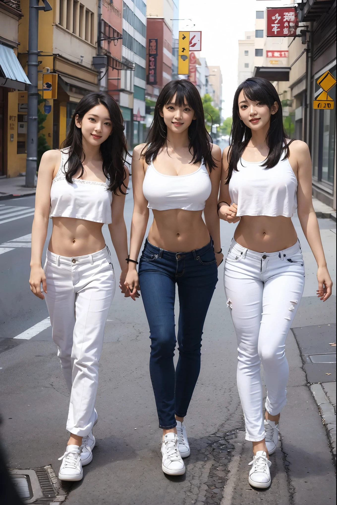 (Best Quality, Masterpiece, Photo realistic, Ultra Detailed, ultra high res, raw), (3 girls, group shot:1.3), pretty, Japanese, smile, bangs, double eyelids, (big breasts:1.3), (long hair| medium hair| short hair), (LowriseXL, LowwaistXL, groin), (cropped camisole), skinny jeans, navel, (sneaker, beautiful long legs, full body), main street, from below, (fashion model posing)