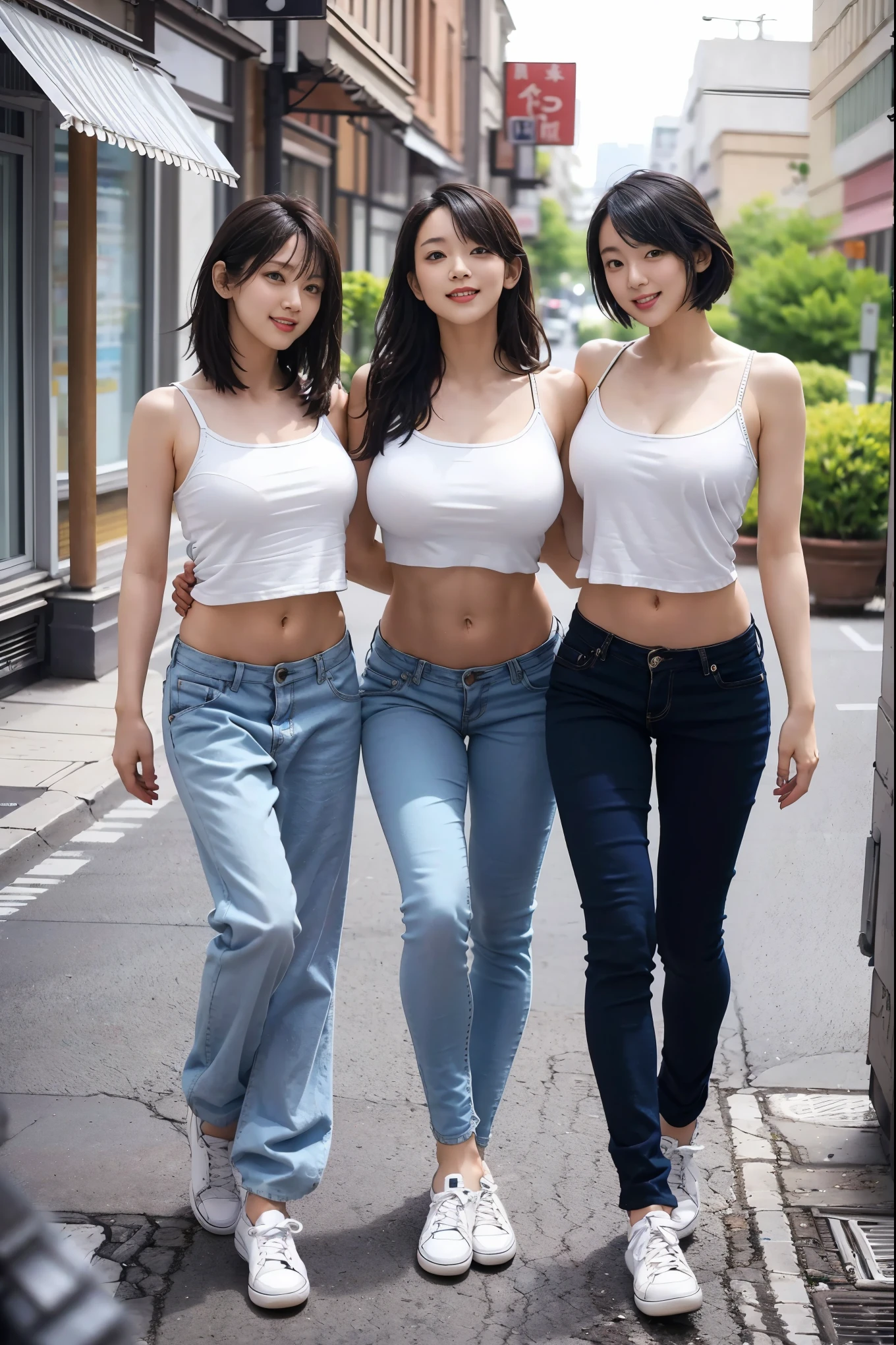 (Best Quality, Masterpiece, Photo realistic, Ultra Detailed, ultra high res, raw), (3 girls, group shot:1.3), pretty, Japanese, smile, bangs, double eyelids, (big breasts:1.3), (long hair| medium hair| short hair), (LowriseXL, LowwaistXL, groin), (cropped camisole), skinny jeans, navel, (sneaker, beautiful long legs, full body), main street, from below, (fashion model posing)