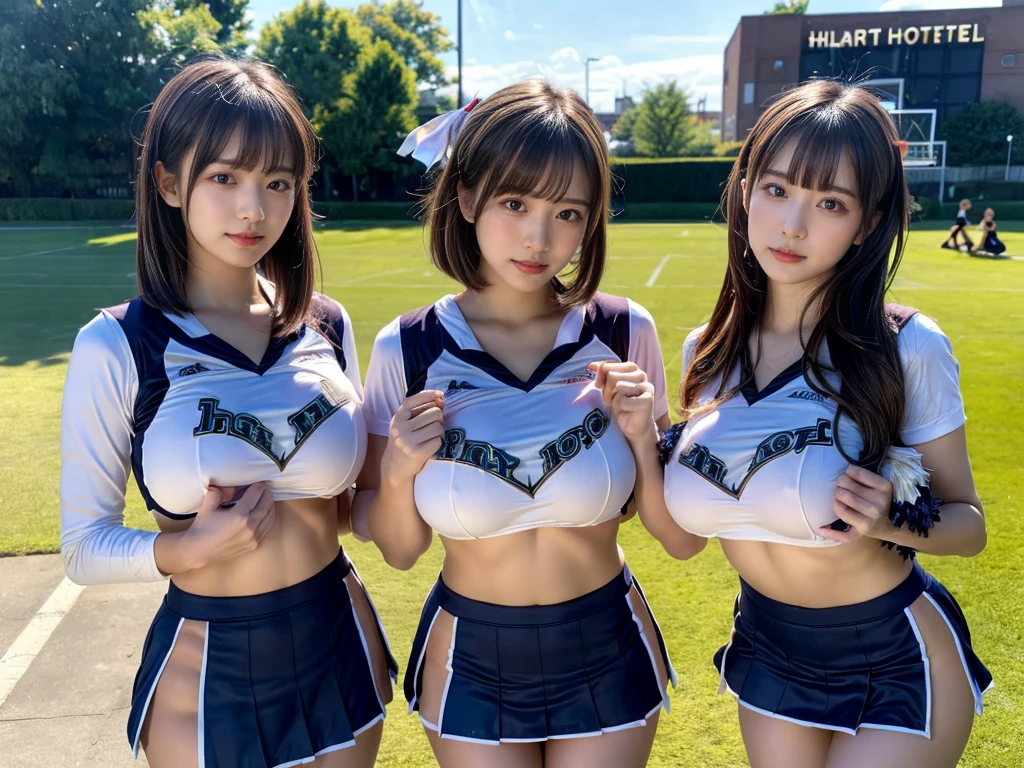 (RAW photo, 4k, masterpiece, high resolution, extremely complex) (realistic: 1.4), cinematic lighting
 ((2 girls, 2 schoolgirls)),blushing,((innocent)),bright eyes,round eyes,blunt bangs,(short bob hair:1.3),black hair,large breasts,wide hips,Summer Noon, ,Hot, (Best Quality), (Highres), (an Extremely Delicate and Beautiful),(Beautiful 8k face),(Brown eyes),( spectators),(gigantic breasts),(Play with each other,Touching each other's bodies,Touching the body),(cheer girl:1.5),(a miniskirt),(reality),bright lighting,(The background is a luxury hotel room)
