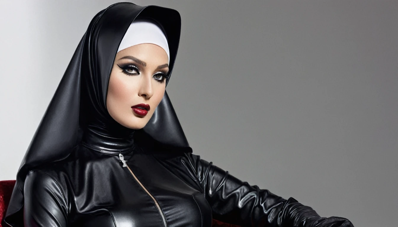 An evil, sexy, hypnotizing nun. The face of a mannequin. She is wearing a "black latex veil", a tight-fitting "hijab", "black leather high-heeled boots" and "black leather gloves". He's sitting in an armchair.