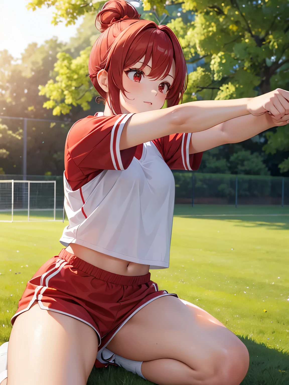 1girl,red hair,Hair in a bun, one bun, White sports uniform, red sports shorts, red eyes, Muscle stretching, at the training ground, field, looking away,morning, bright sun,close up photo,Ultra detail, Ultra HD, masterpiece