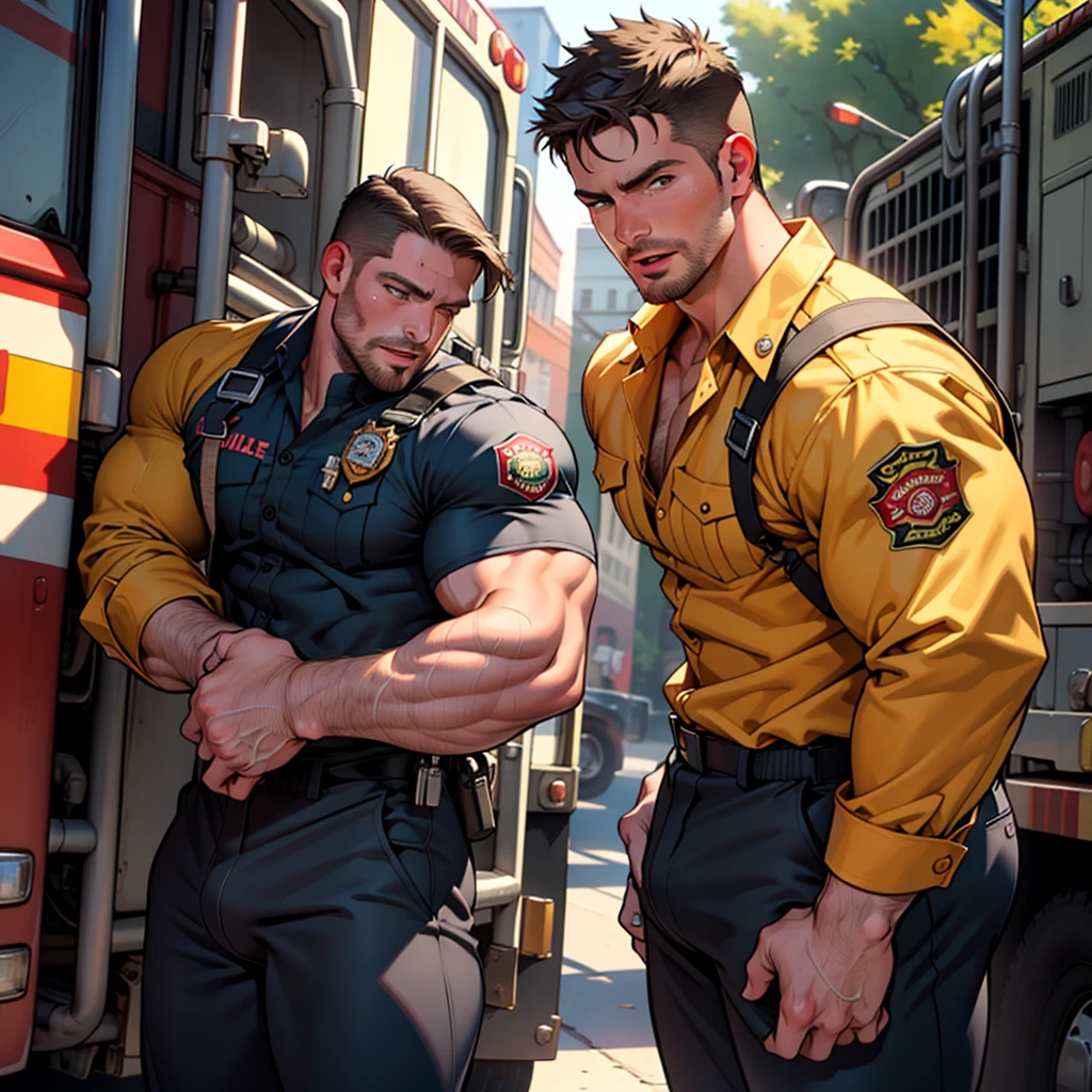 NSFW , masterpiece, best quality, detailed face, detailed fingers, detailed cock,natural eyes, 1man, macho HORNY man,, muscled and mature, stephen amell as a firefighter wearing totally unbuttoned firefighter overall, sweating, tight cloth showing his muscles and COCK , full body , background station , truck , equipment