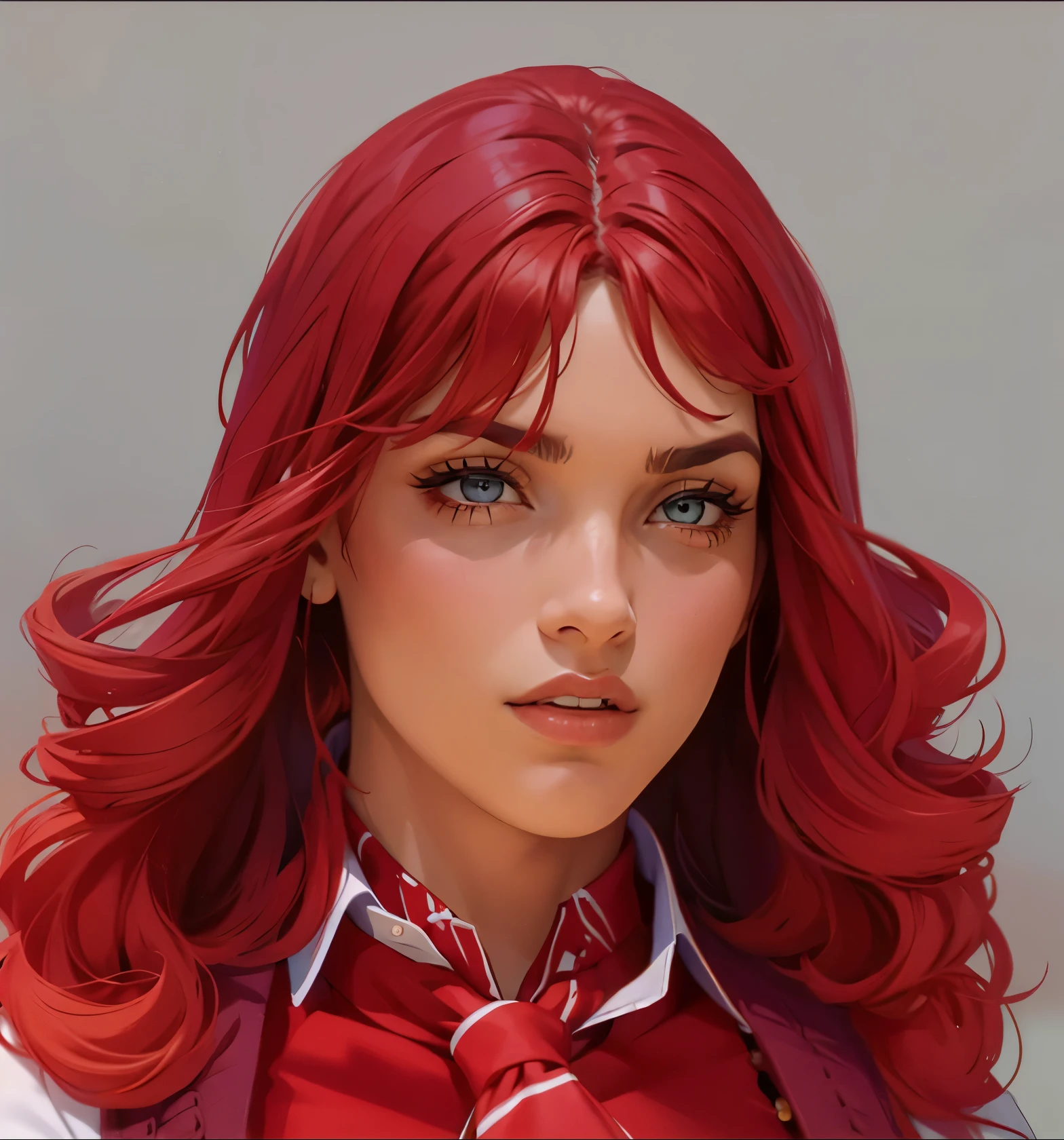 Roberta Pardo, uma personagem da novela "Rebelde", performed by Dulce María. Ela tem cabelo vermelho vibrante, estilizado em ondas soltas com franja. Roberta is wearing a school uniform: a fitted white shirt with the buttons open and the sleeves rolled up, combined with a red tie loosely tied around the neck. Sobre os ombros, she has a red sweater. Ela veste uma saia curta plissada azul-marinho com um cinto distinto que exibe o emblema da Elite Way School. Roberta completa seu visual com botas de cano alto em jeans azul escuro e meias brancas aparecendo no topo. Add multiple bracelets to your wrists, enfatizando sua personalidade rebelde e estilosa. O fundo deve ser simples e cinza, focusing attention on your striking appearance, extremamente realista, muito linda, sexy, bunda grande, pernas grossas, Fitness.