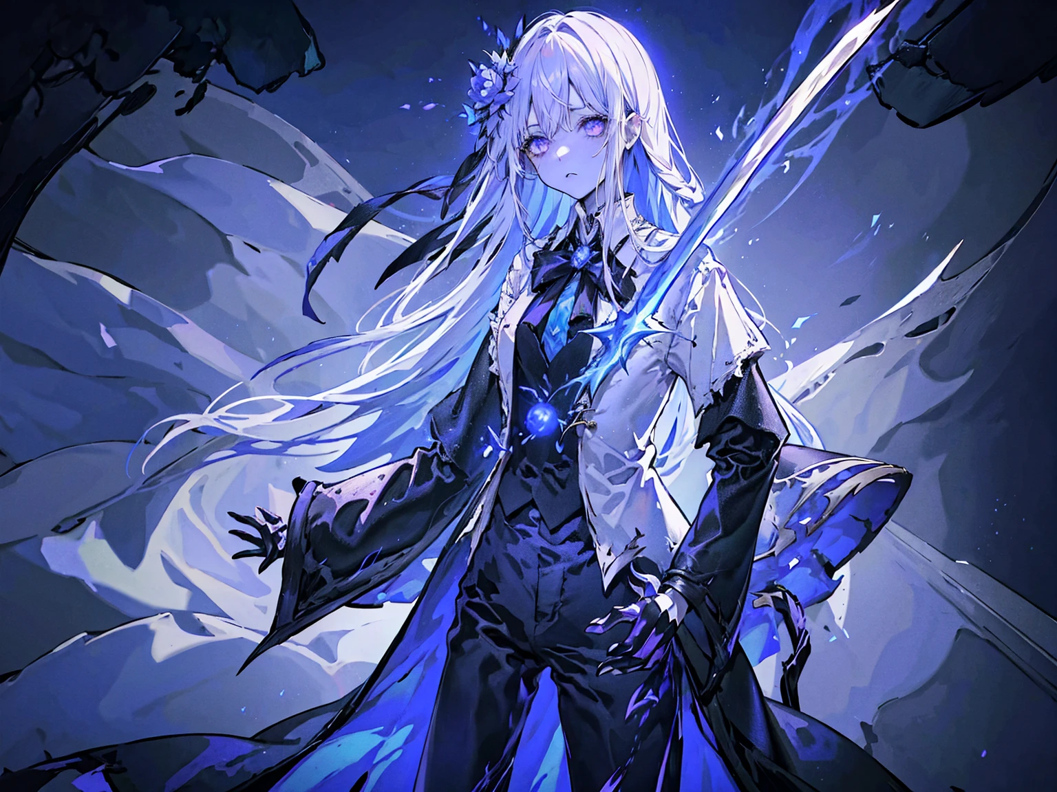 Wearing Darkness、1 personの女の子、White long hair、Purple left eye、blue right eye、wields the sword of darkness、闇のaura、Black Light、Rainbow light、Black long coat、White shirt、Black tie、Long trousers、suit、、1 person、Fantasy、aura、whole body、high resolution、High resolution、Detailed、8k、Many shining swords are stuck in it、cool、Girl、Magic Sword、Magic circle in the background、Scary face、Expressionless、Light comes out of the eyes、Standing in the wilderness with the sword piercing、Cool face、Left hand in pocket、