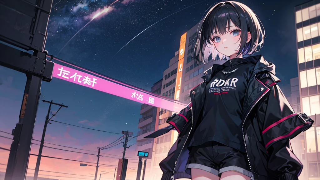 Black short Hair, night, black jacket, Girl&#39;s profile, upper body only、Headphone, cyber punk city, Delicate background、Masterpiece