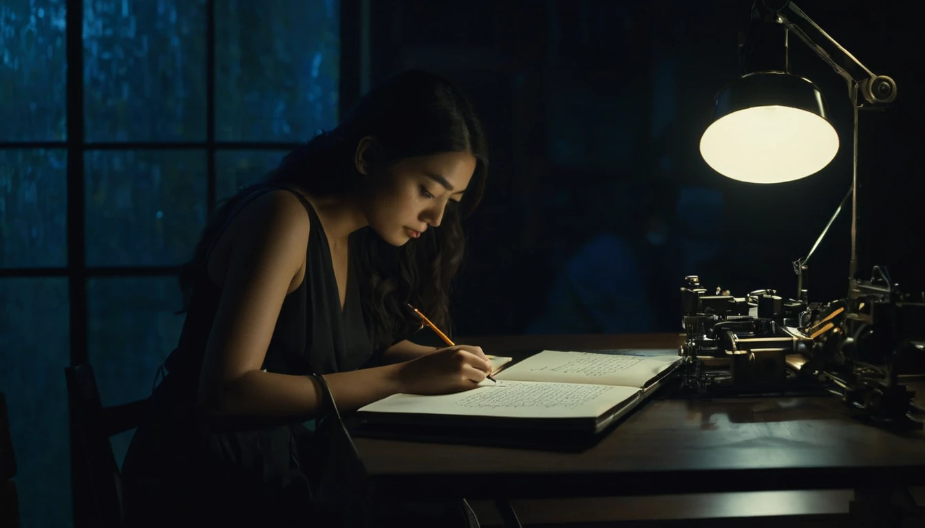 A detailed image of "a woman in her 20s, writing a book with an automatic scribe machine" in "a dark room" during "late at night", taken with a cinematic camera, using portrait with cinematic lighting --ar 16:9 --s 1000 --v 6