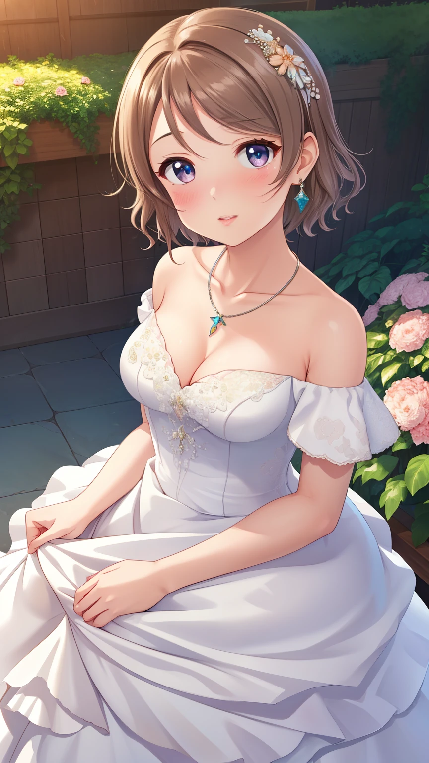 (Masterpiece), 8k wallpaper, solo, Watanabe you, game cg, beautiful detailed face and eyes, perfect anatomy, standing, outside, blush, glossy lips, wedding dress, off the shoulder, necklace, jewelry, garden