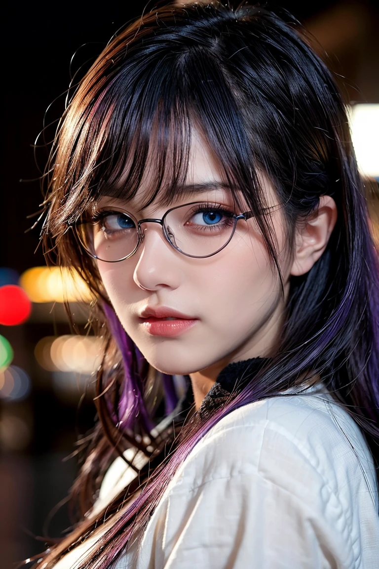 ((best quality)), ((masterpiece)), (detailed), perfect face, 1 girl, purple hair, blue beautiful eyes, tactical gear, military, city. Night, winter, glasses, (real、photorealistic、photorealistic: 1.37) soft lighting、romantic atmosphere、subtle shadow、intense colors、enchantingly illuminated、high contrast