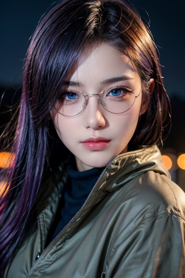 ((best quality)), ((masterpiece)), (detailed), perfect face, 1 girl, purple hair, blue beautiful eyes, tactical gear, military, city. Night, winter, glasses, (real、photorealistic、photorealistic: 1.37) soft lighting、romantic atmosphere、subtle shadow、intense colors、enchantingly illuminated、high contrast