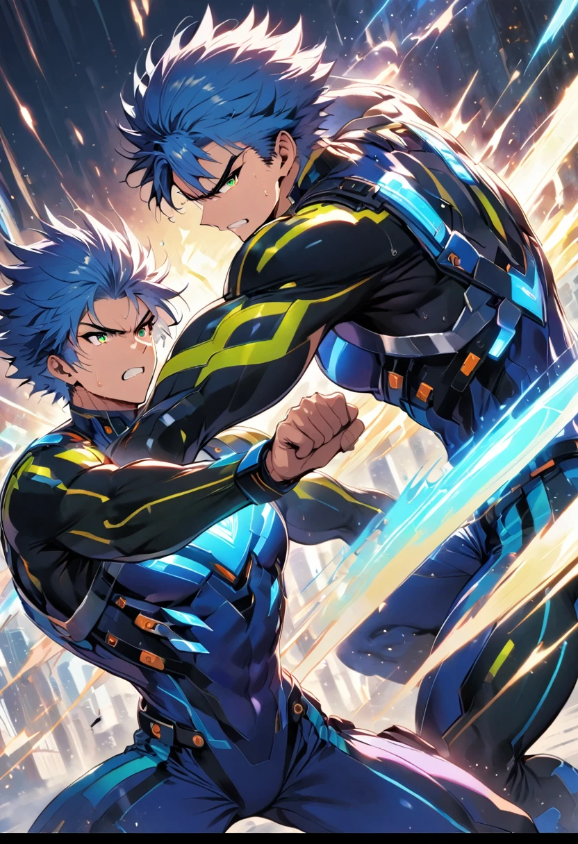 1boy sweaty, fighting, rival, dramatic pose, background fight atmosphere, athletic build, intense eyes, matching clothing and late teens 17 yrs old