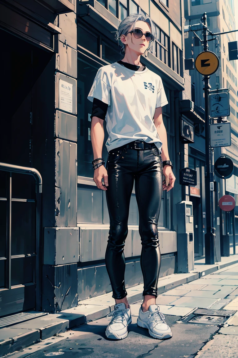 (1 boy), (silver hair), (beautiful almond-shaped gray eyes), cool, nine head proportions, standing, A fitted white crew-neck t-shirt, a black leather biker jacket, distressed blue skinny jeans, black high-top sneakers, a black beanie, silver aviator sunglasses, a leather bracelet, a black leather belt, an urban street background, ground level shot, monochrome background,