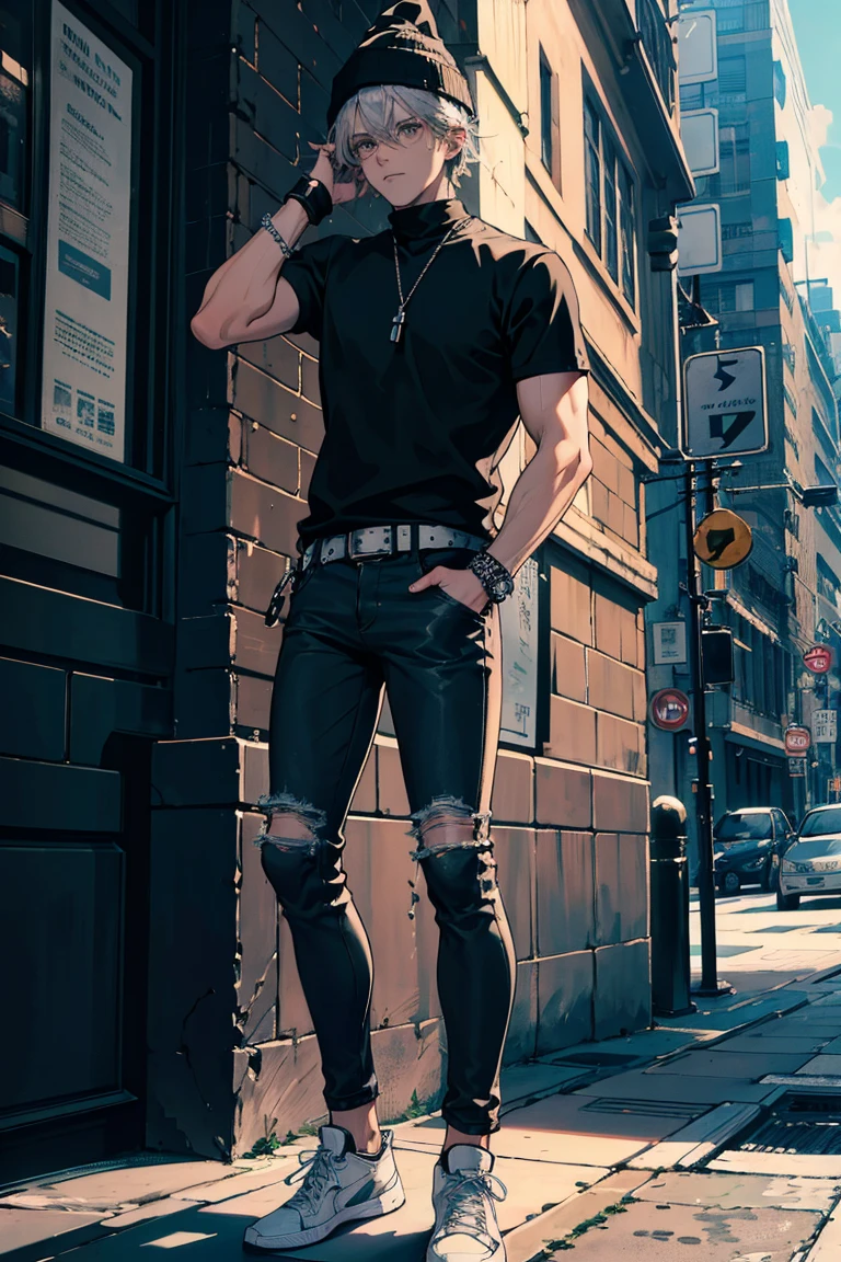 (1 boy), (silver hair), (beautiful almond-shaped gray eyes), cool, nine head proportions, standing, A fitted white crew-neck t-shirt, a black leather biker jacket, distressed blue skinny jeans, black high-top sneakers, a black beanie, silver aviator sunglasses, a leather bracelet, a black leather belt, an urban street background, ground level shot, monochrome background,