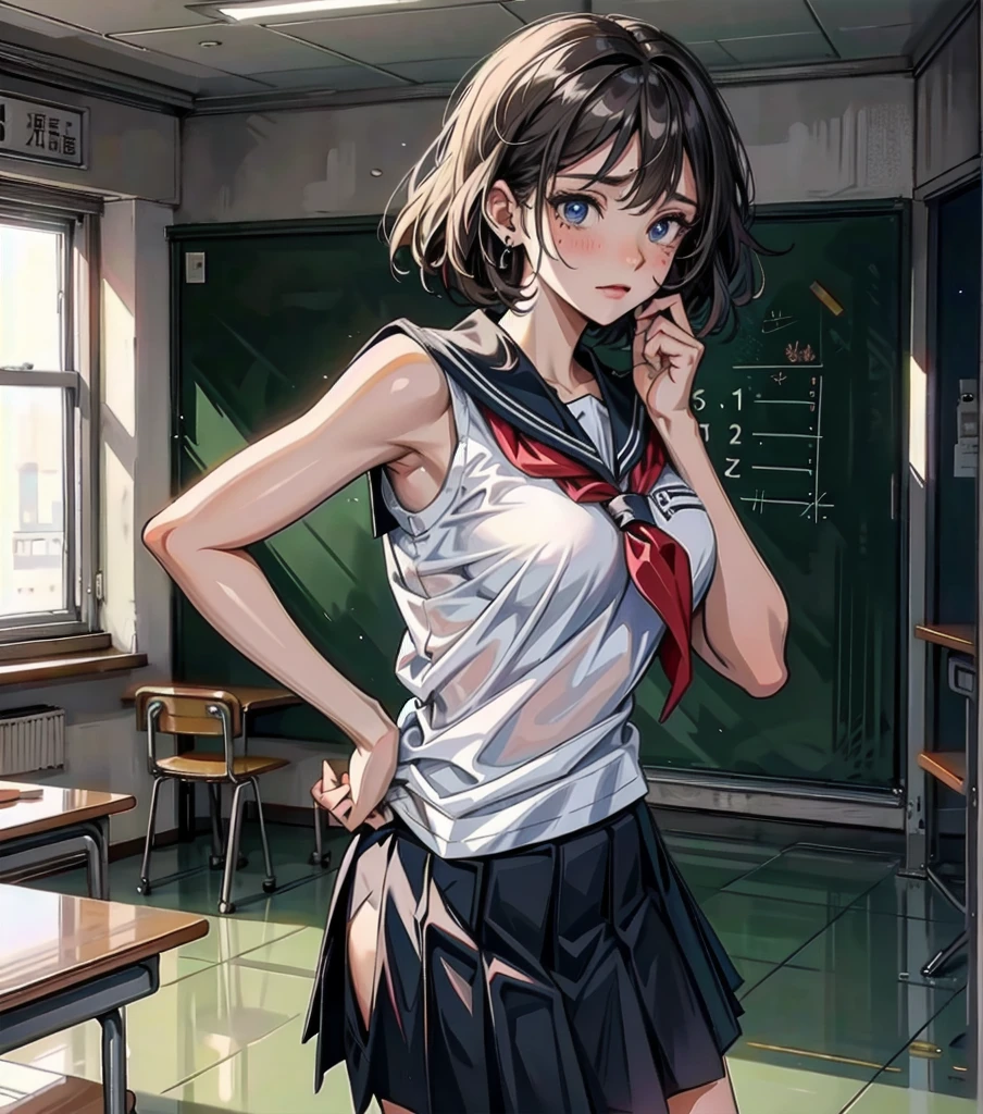 whole body, earring, medium hair, medium tits, tearful mole, school_uniform, sailor uniform, sleeveless, school, classroom,