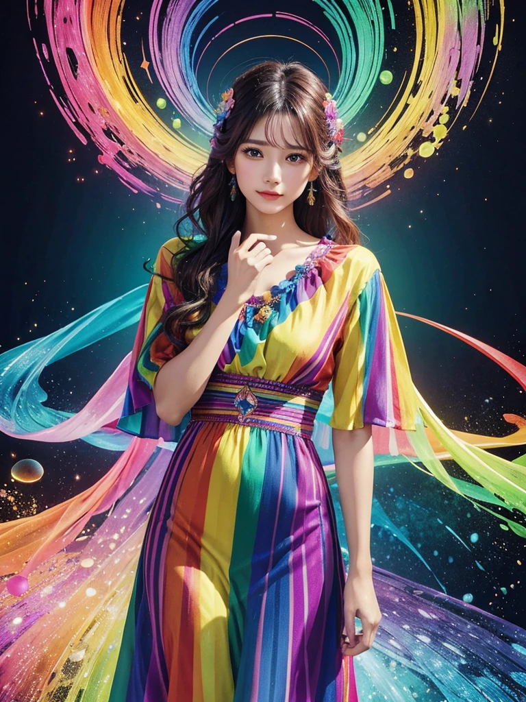 a woman in a vestido colorido is posing for a picture, vestido colorido, ropa arcoiris, moda colorida, pintura corporal fresca del arco iris, colorful digital fantasy art, Hermoso y colorido, vestido fluido, karol behind uhd, ropa colorida, vibrant fantasy style, vestido con seda colorida, Colores del arcoiris, gorgeous digital art, hermosa obra de arte digital, ropa colorida