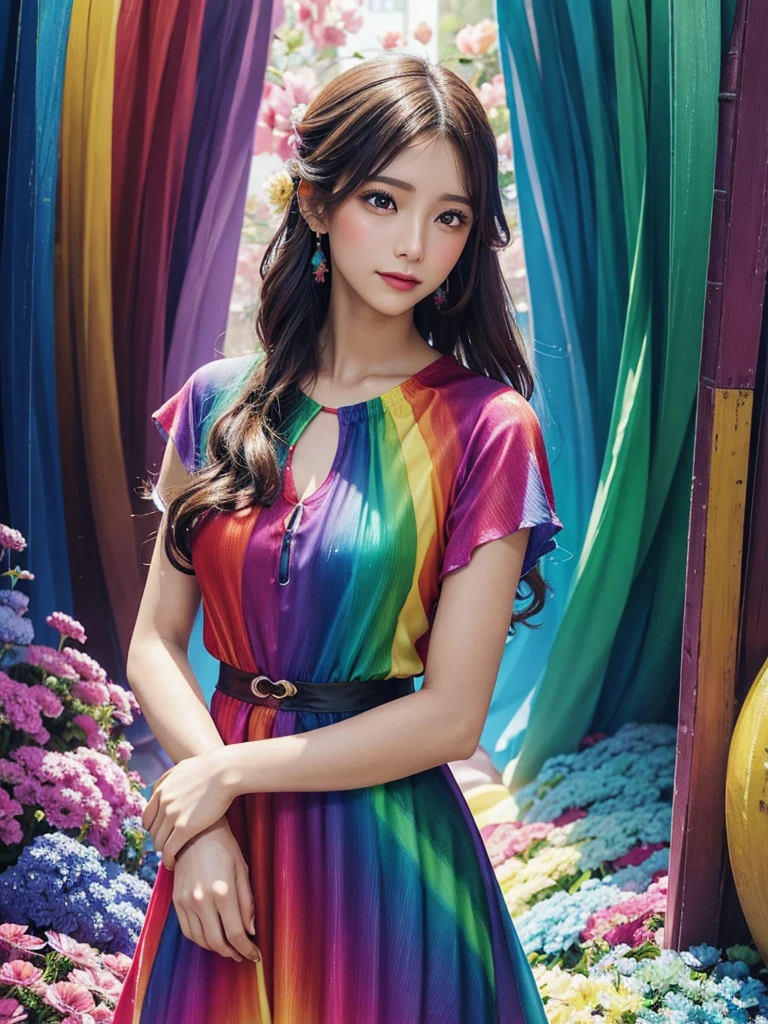 a woman in a vestido colorido is posing for a picture, vestido colorido, ropa arcoiris, moda colorida, pintura corporal fresca del arco iris, colorful digital fantasy art, Hermoso y colorido, vestido fluido, karol behind uhd, ropa colorida, vibrant fantasy style, vestido con seda colorida, Colores del arcoiris, gorgeous digital art, hermosa obra de arte digital, ropa colorida