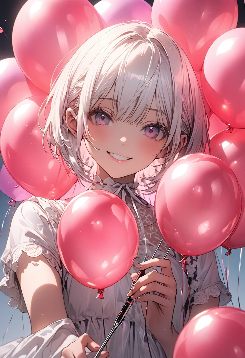 A picture of a girl trying to pop a balloon by pricking it with a needle, a girl with short white hair, wearing a simple white dress Holding a long needle in one hand, she approaches the balloon with a smile,A large pink balloon is in the center of the picture.background black,Extreme close-up of balloons,Suspicious lighting,The texture and luster of pink balloons, (high resolution, high precision image, 4k, 8k:1.2), ultra detail