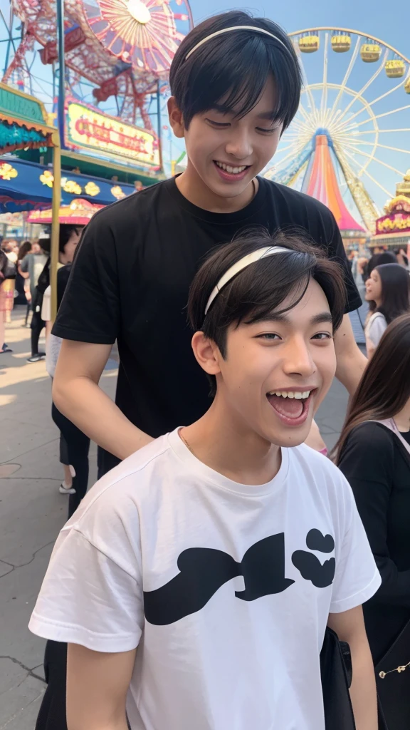 with zerobaseone Kim Gyubin.
He is a man
He has a black handsome hair.
He is wearing cute headband of dog
at an amusement park
He is laughing at a girl while waiting in line for the Ferris wheel.
