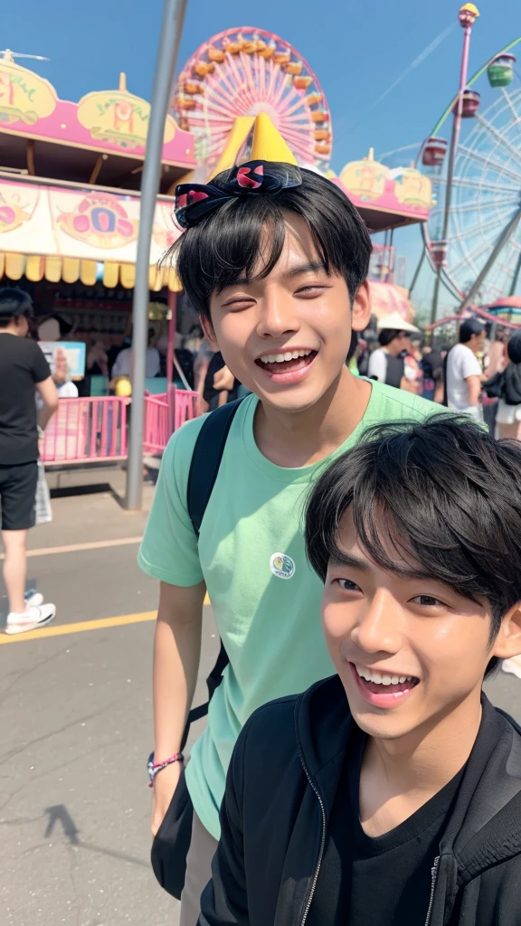 with zerobaseone Kim Gyubin.
He is a man
He has a black handsome hair.
He is wearing cute headband of dog
at an amusement park
He is laughing at a girl while waiting in line for the Ferris wheel.