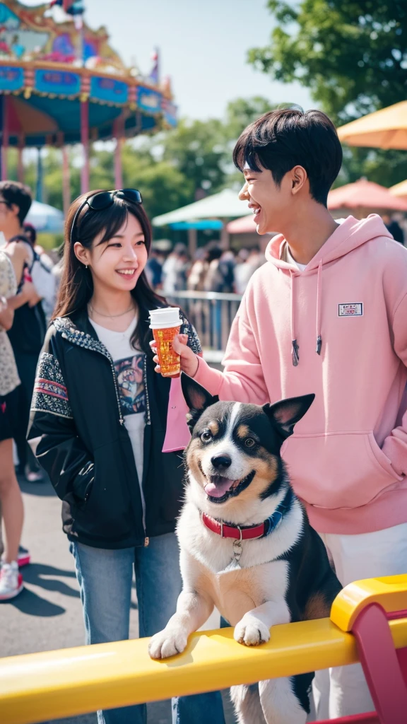 with zerobaseone Kim Gyubin.
He is a man
He has a black handsome hair.
He is wearing cute headband of dog
at an amusement park
He is laughing at a girl while waiting in line for the Ferris wheel.