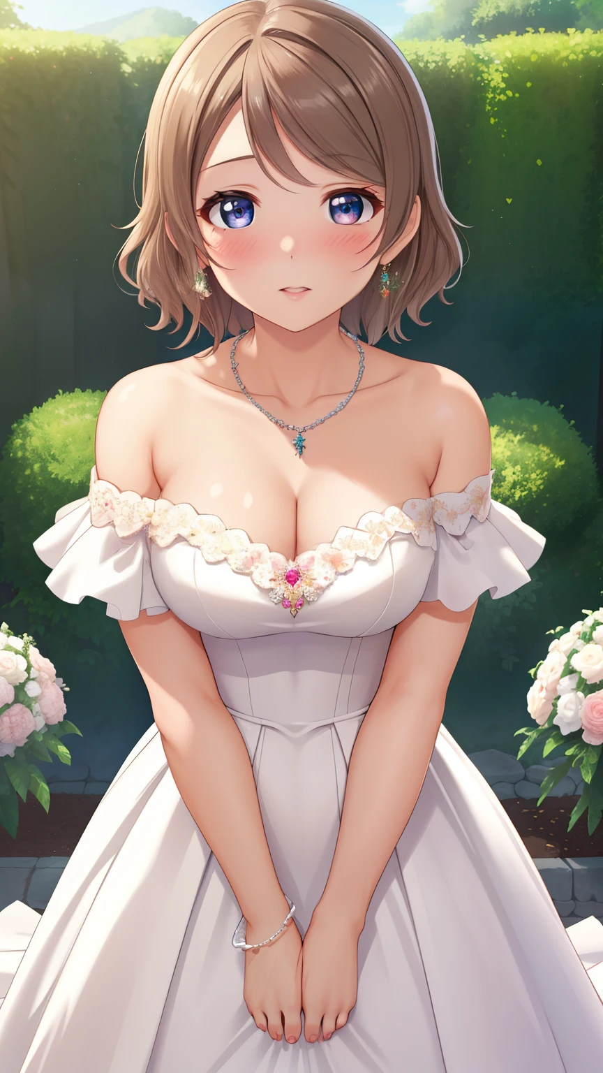 (Masterpiece), 8k wallpaper, solo, Watanabe you, game cg, beautiful detailed face and eyes, perfect anatomy, standing, outside, blush, glossy lips, wedding dress, off the shoulder, necklace, jewelry, (skirt parted in front), white thigh highs, own skirt lift, (lace panties:0.8)