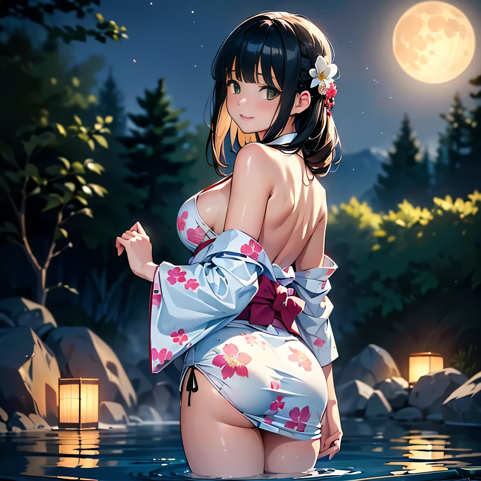 ((panty shot)),((lifting skirt)),((white beautiful panties focus)),Vulgar,low angle,from below, cleavage,(( looking back at the viewer)),
(looking back at the viewer),full body,low angle,from below,♥(japanese flower printed yukata),(bathing in the spa), ((1girl,cute,young,Semi long beautiful black hair,blunt bangs,beautiful green eyes)),(solo),((masterpiece, highest resolution,best quality)), ((realistic:1.5,Beautiful girl RAW photo)), (bathing in the spa),(japanese flower printed yukata),  innocent smile,cinematic lighting,beautiful outside open spa, rocks,natural beauty,full moon,night sky