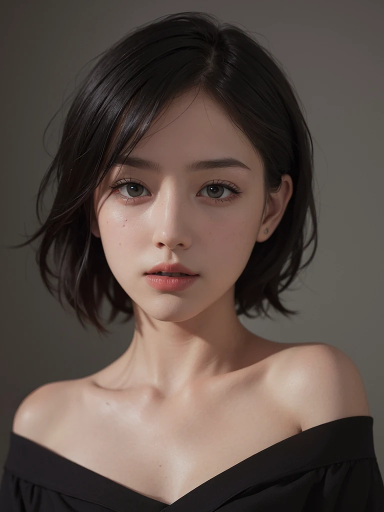 Best quality, masterpiece, ultra high res, (photorealistic:1.5), raw photo, 1girl, offshoulder, in the dark, deep shadow, low key, cold light, sexy look, short hair,black hair, black eyes, full body