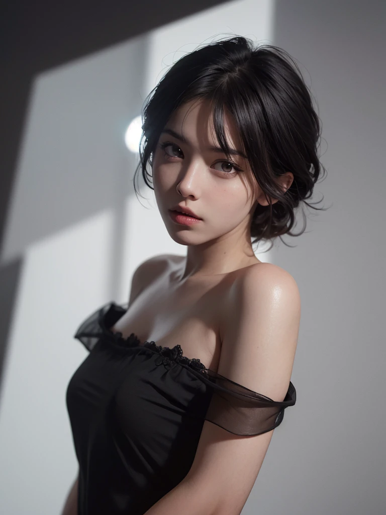 Best quality, masterpiece, ultra high res, (photorealistic:1.5), raw photo, 1girl, offshoulder, in the dark, deep shadow, low key, cold light, sexy look, short hair，black hair, black eyes, full body