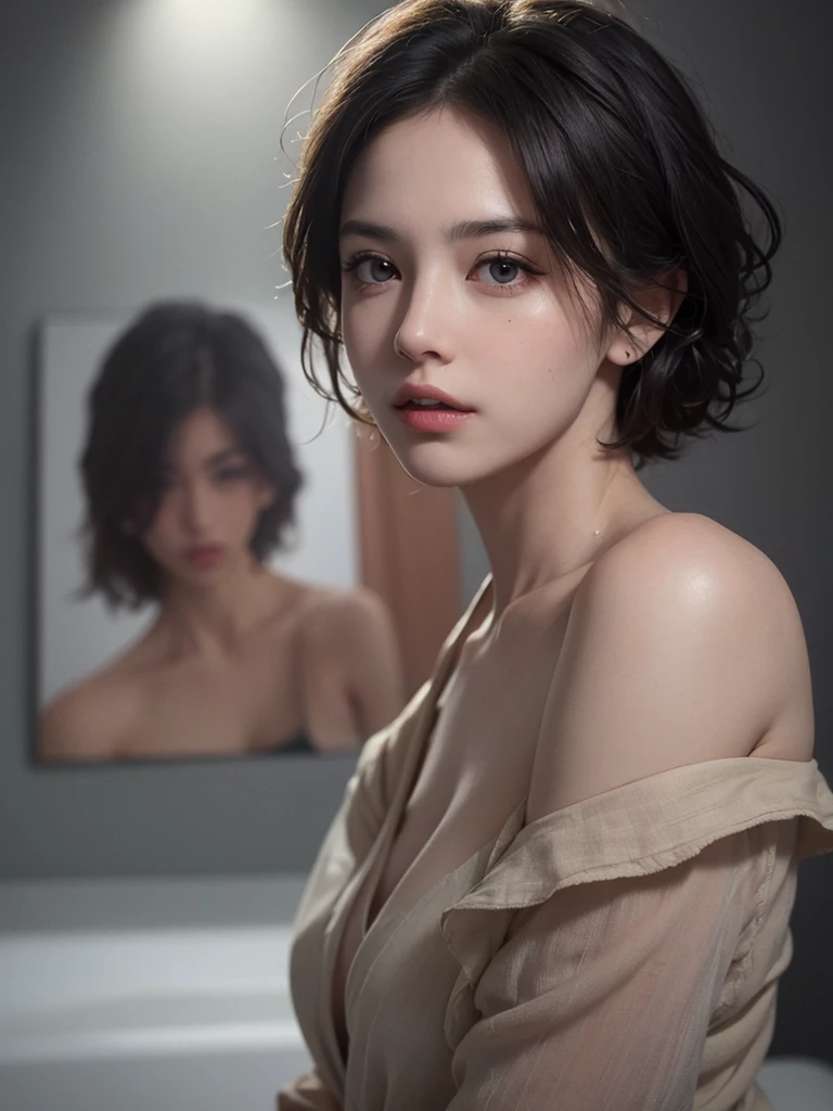 Best quality, masterpiece, ultra high res, (photorealistic:1.5), raw photo, 1girl, offshoulder, in the dark, deep shadow, low key, cold light, sexy look, short hair,black hair, black eyes, full body
