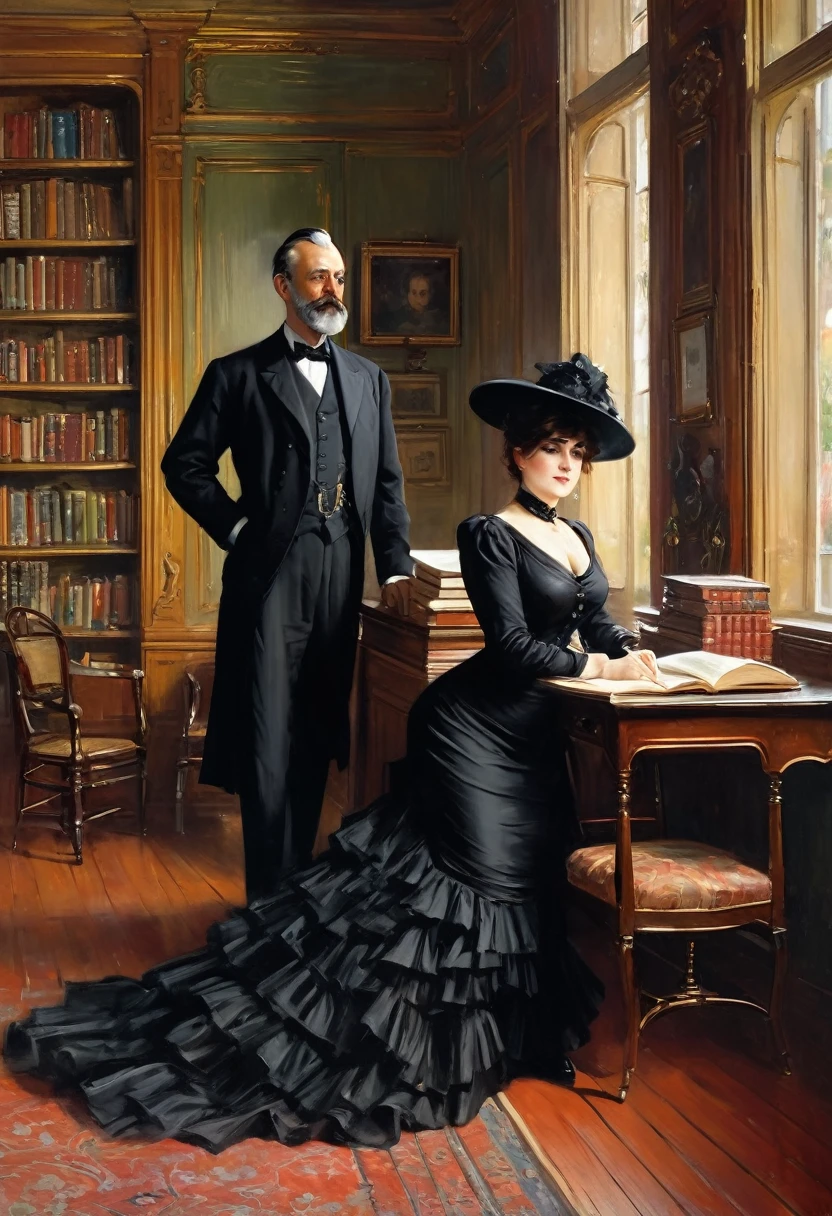Full body view, a voluptuous buxom mature victorian widow in a black dress having some intimacy with a  gentleman in the library, by Jean Béraud, inspired by Jean Béraud, inspired by Édouard Detaille, edouard leon cortes, inspired by Ivan Kramskoi, inspired by Jean-Louis-Ernest Meissonier, by Édouard Detaille, inspired by Paul Émile Chabas