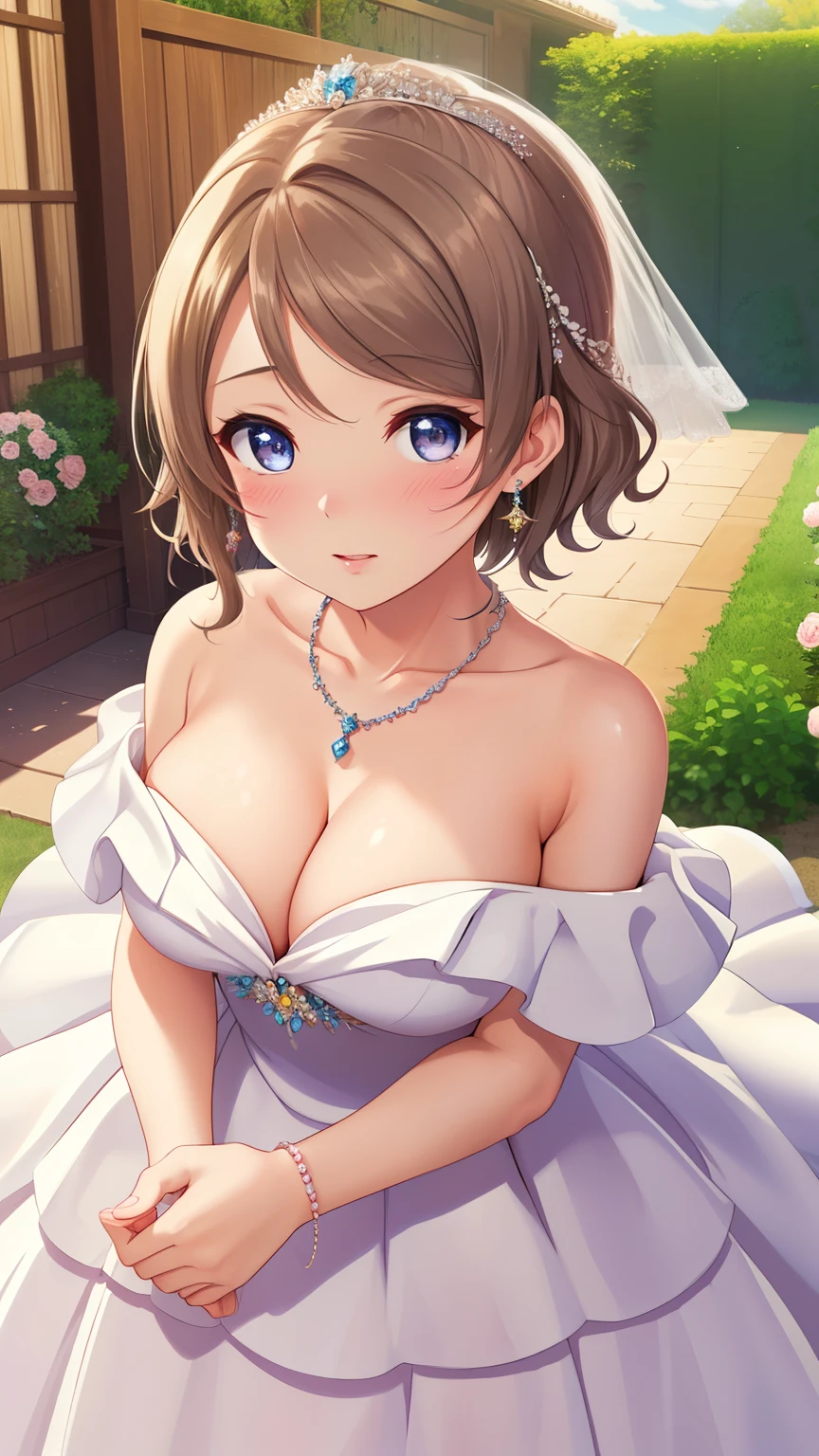 (Masterpiece), 8k wallpaper, solo, Watanabe you, game cg, beautiful detailed face and eyes, perfect anatomy, standing, outside, blush, glossy lips, wedding dress, off the shoulder, necklace, jewelry, garden