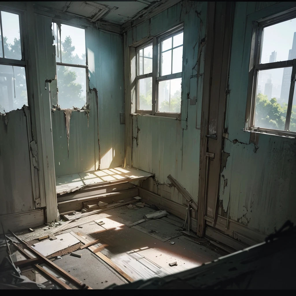 a dilapidated abandoned small hospital interior, crumbling walls, shattered windows, overgrown vegetation, dusty debris, eerie atmosphere, moody lighting, (best quality,8k,highres,masterpiece:1.2),ultra-detailed,(realistic,photorealistic,photo-realistic:1.37),intricate architectural details,dramatic shadows,sense of decay and neglect,painterly style,muted color palette,somber mood