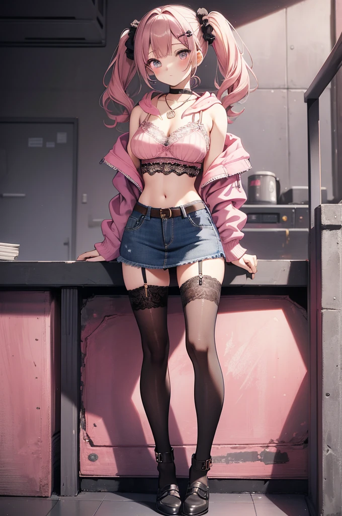 masterpiece, Highest quality, pretty girl, 16 , Scrunchie hair ornament, Twin tails,Big nipples,denim pencil mini skirt,hoodie, Patterned stockings, Leg belt, necklace, skinny , Pink and black padded camisole,((showing off lace panties)),(Showing my chest))