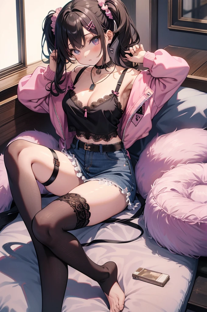 masterpiece, Highest quality, pretty girl, 16 , Scrunchie hair ornament, Twin tails,Big nipples,denim pencil mini skirt,hoodie, Patterned stockings, Leg belt, necklace, skinny , Pink and black padded camisole,((showing off lace panties)),(Showing my chest))