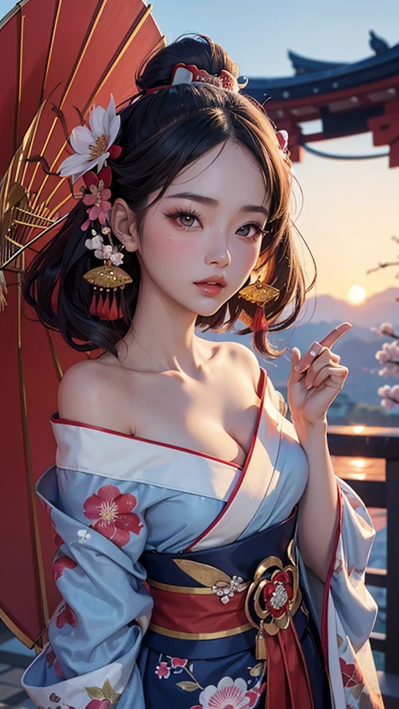 sexy asian girl, 1girl, japanese geisha, 20 years old, face close up, half body portrait, (geisha hairstyle), big brown eyes, nihongami, geisha makeup, modest look, seducing viewer, hearts, posing, sexy pose, solo, blue floral kimono, off shoulder, bonsai, sakura, cherry blossom, submission, sunset, flowers, plants, cinematic lightings